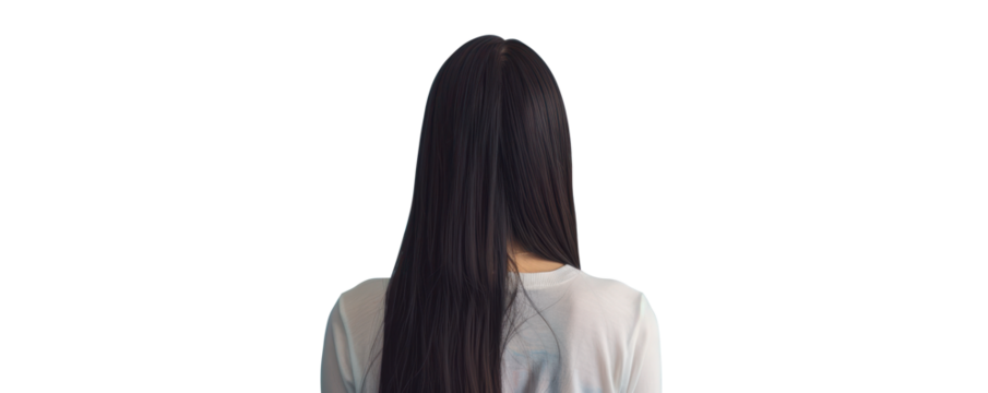 Back View of Asian Woman with Long Hair Against a Blue Pastel Background