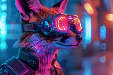 Cyberpunk fox wearing a digital mask, participating in a virtual reality game, 3D render, created by ai