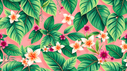 Tropical seamless pattern with frangipani flowers and leaves on pink background