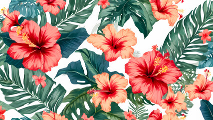 Seamless pattern with tropical hibiscus flowers and palm leaves.