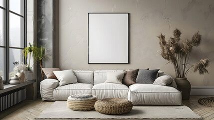 Contemporary Apartment Design: Mock Up Frame, Sofa, and Stylish Decor
