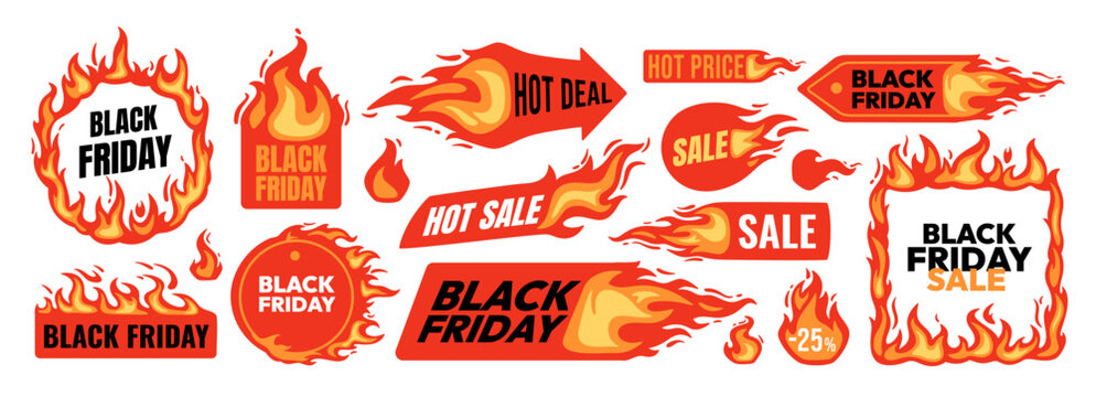Black Friday badges. Flaming stickers hot sale. Selling marketing price label for promotional offer tag. Fire frame advertising template. Shopping burn banner. Vector set.