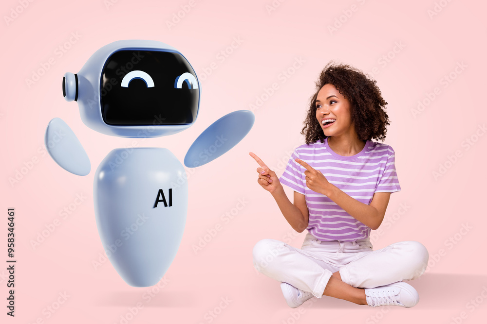 Poster composite trend artwork 3d sketch image photo collage of robot assistant artificial intellect young 