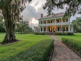 Obraz premium Expansive plantation estate with colonial architecture, plantation estate, historical agriculture