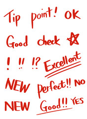 red letters element set, check, good, excellent, new, perfect, tip, point text set