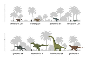 Prehistoric dinosaurs pixel infographics on size height or length diagrams, vector information chart graph. Dinosaurs height scale comparison to human size, infographics on Jurassic era giant lizards © Vector Tradition