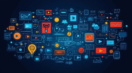 Vector illustration of mind map on modern communication methods such as social media podcasts and video content