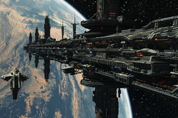 Dynamic 3D render of a space station orbiting a distant planet, with spaceships docking and departing, created by ai