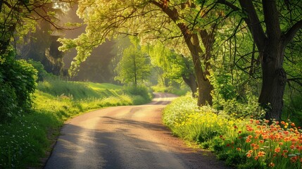 Obraz premium Picture a charming country road surrounded by a vibrant spring landscape, with blooming flowers and fresh green foliage.