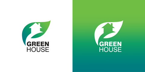 Green House logo line art style vector symbol icon design with leaf home concept, Eco-friendly home logo design, Real Estate House Minimalist Modern Nature Concept Logo. House line art icon logo.