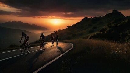 side view Photo of 3 man bicycling on the mountain road, sunset.