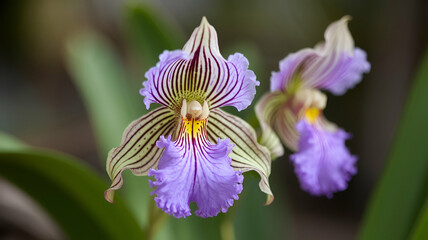 Macro Photograph of a Purple Orchid with Intricate Patterns and Vibrant Colors on Dark Green Background &ndash; Exotic Floral Beauty in Detail