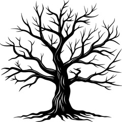 An artistic black and white drawing of a bare tree without any leaves