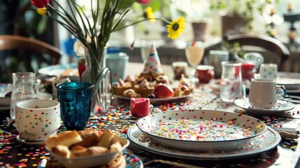 Naklejka premium Picture a festive birthday breakfast table with confetti, starting the day off with a cheerful celebration.