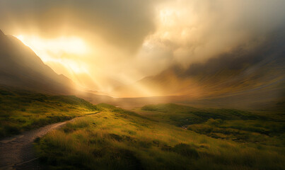 Vibrant green mountains under a warm sunset, with lush foliage illuminated by the golden evening light and the sun shining through the clouds. A tranquil and picturesque landscape