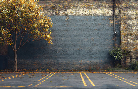 An empty urban parking lot featuring a weathered brick wall and an autumn tree with golden leaves. The scene captures a quiet, urban environment with yellow parking lines and muted tones, ideal for ci