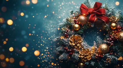 Christmas frame with fir branches, golden balls, and gifts