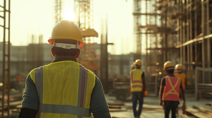 workers at work. A group of construction workers wearing hard hats and safety vests, actively working on a construction