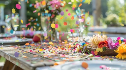 summer picnic table with confetti, adding a playful and cheerful element to the outdoor gathering.