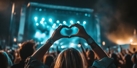 A crowd at a concert with someone making a heart shape with their hands.