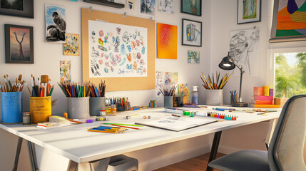 room interior, interior of a room, modern living room, A modern room for a child, featuring a sleek desk with drawers and a matching chair