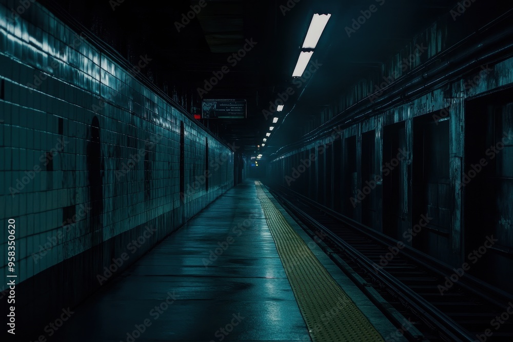 Poster a dimly lit subway station platform with reflective tiles and empty tracks.