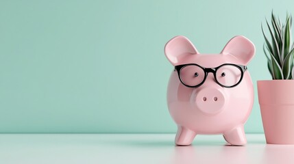 A charming pink piggy bank with glasses beside a plant, perfect for illustrating savings, finance, and budgeting concepts.