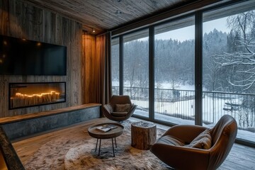 Fototapeta premium Modern Living Room with Fireplace and Winter View