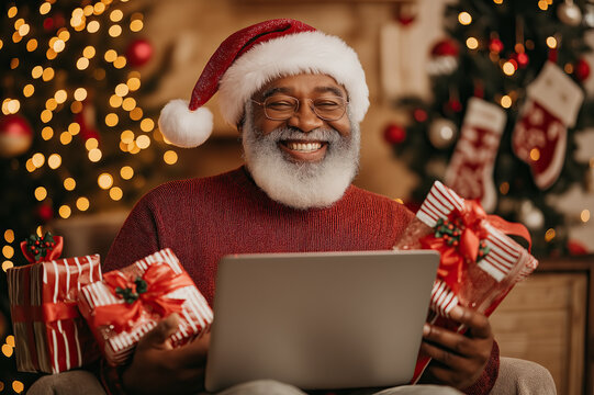 Happy senior biracial man in santa hat and holding presents making christmas video call on laptop