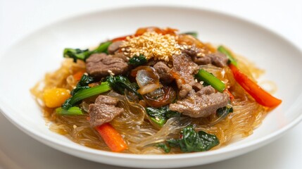 Fototapeta premium A beautifully plated serving of Korean japchae (stir-fried glass noodles) with vegetables, beef, and a savory sauce, set against a white backdrop to highlight the dish glossy appearance.