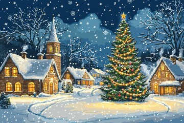 Fototapeta premium A Snowy Christmas Village with a Decorated Christmas Tree