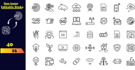 Editable 5G vector icon set. It includes collections of stroke icons featuring 5G networks, signals, towers, bandwidth, routers, connectivity, and more.