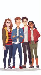 Obraz premium group of office colleagues posing for group photo 2d character design free hand flat colors design UI ux graphics style casual and formal clothing employee working employees teamwork team illustration
