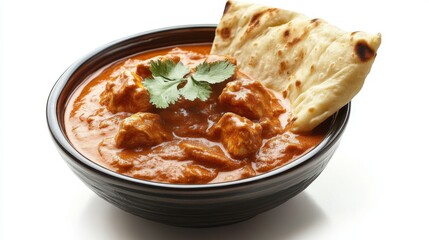 A bowl of Indian chicken tikka masala with rich, creamy sauce and naan bread on the side, presented on a white background to emphasize the dish's rich flavors and colors.