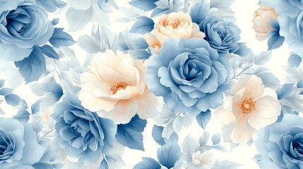 Elegant seamless patterns, delicate arrangement of soft blue roses and peonies on a white background, create a floral design with retro charm and timeless beauty.