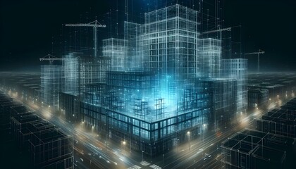Fototapeta premium Futuristic Architectural Design Projection Overlay on City Block Under Construction at Night, Wireframe Hologram Building Visualization