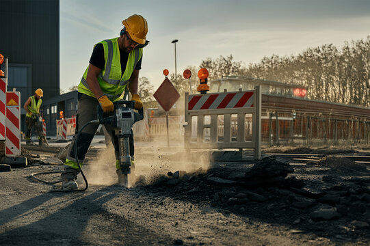 A labourer working on road construction with an air hammer.