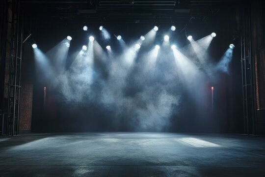 An empty theater stage with dramatic lighting, featuring multiple spotlights that illuminate the stage floor. The atmosphere is set with a dark background, enhancing the focus on the stage area , ai