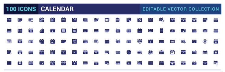 Calendar icon collection. Containing date, schedule, month, week and more, filled icon set, glyph icon set for web and ui. Editable stroke. Solid icon set. Vector illustration.
