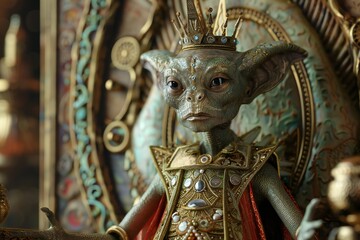 Obraz premium Cute stereo-typical grey alien wearing royal attire with a crown, sitting on a throne, castle details in the background, 3D render, created by ai