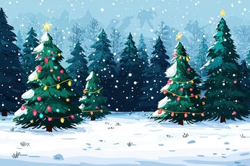 Obraz premium Decorated Christmas Trees in a Snowy Forest