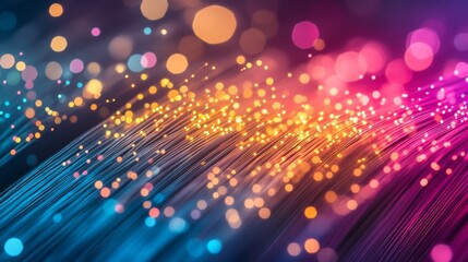Obraz premium The glowing fiber optic cable emits bright light patterns in a dark background, showcasing high-speed data transmission with a focus on connectivity, communication, and digital innovation.