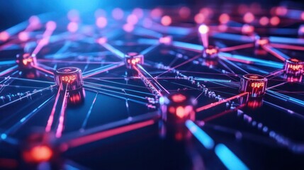 A futuristic concept of blockchain technology in finance, with digital blocks forming a secure chain across a global network, data encryption and transparency visualization