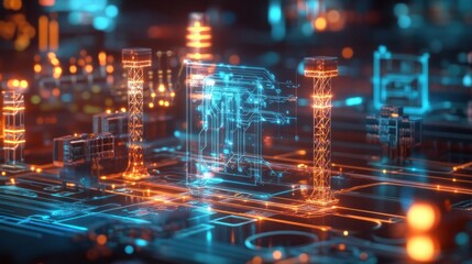 Obraz premium A futuristic concept of blockchain technology in finance, with digital blocks forming a secure chain across a global network, data encryption and transparency visualization