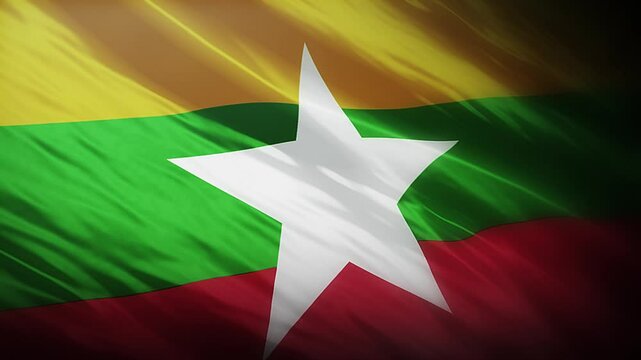 Myanmar Flag Waving in Full 4K Resolution. Realistic Closeup of the Myanmar Flag. 3840x2160 Full HD Footage of Myanmar&rsquo;s National Flag.