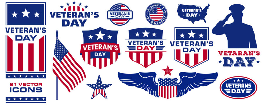 Veterans day icon set. Flat style.