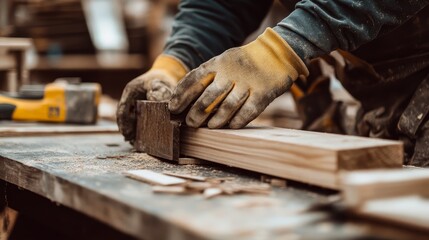 Close up of a carpenter wearing protective gloves carefully handling wood on a table at a construction site. Highlight the precision in woodworking and construction work.