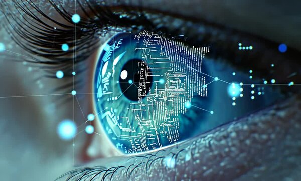 A close-up of a human eye, intricately detailed with technological elements. These elements include digital circuits, holographic interfaces, and illuminated symbols