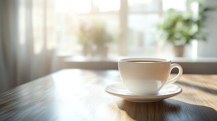 Fototapeta premium A serene scene featuring a cup of coffee on a wooden table, bathed in soft sunlight, creating a cozy atmosphere.