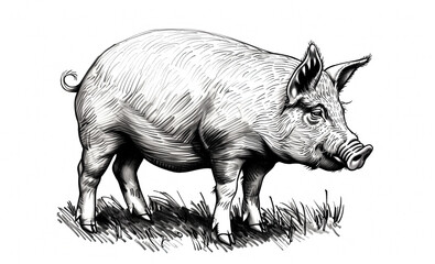 Fototapeta premium Pig, hog, boar. Vintage retro print, black white pig sketch ink pencil style drawing, linear drawing, engrave old school. Sketch artwork silhouette pig, hog, boar. Side view profile. Illustration